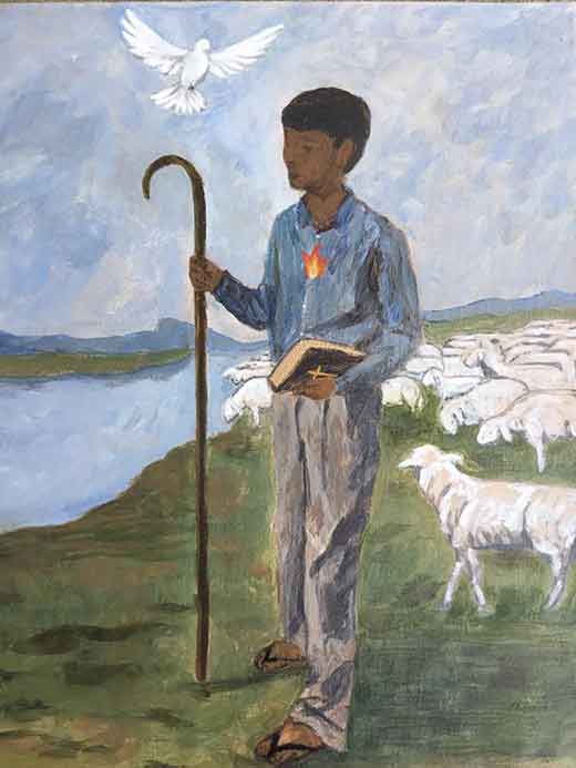 Painting of an indigenous shepherding pastor holding Bible by river holding a staff